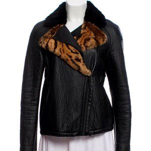 Longchamp black leather moto jacket w leopard fur collar -lambskin tiger print L